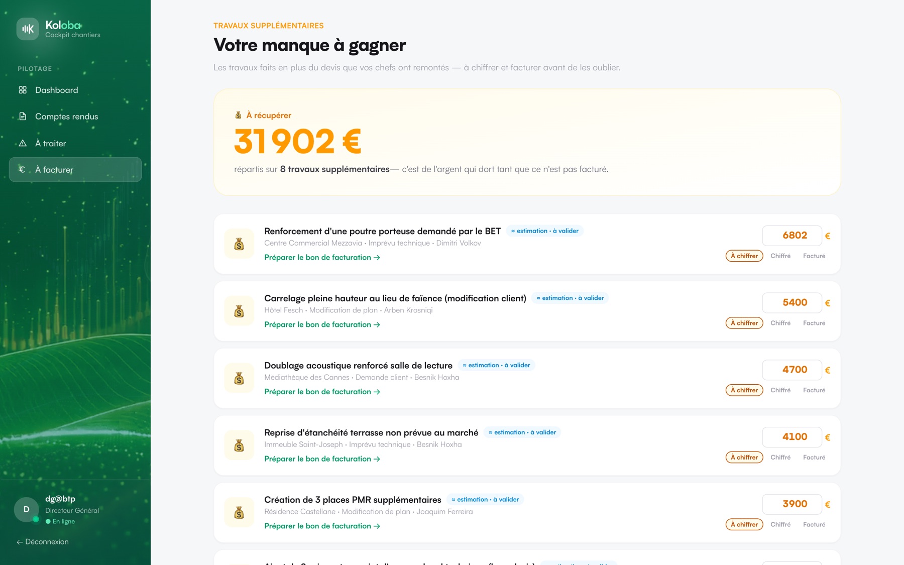 Écran « Votre manque à gagner » de Koloba : liste des travaux supplémentaires à facturer