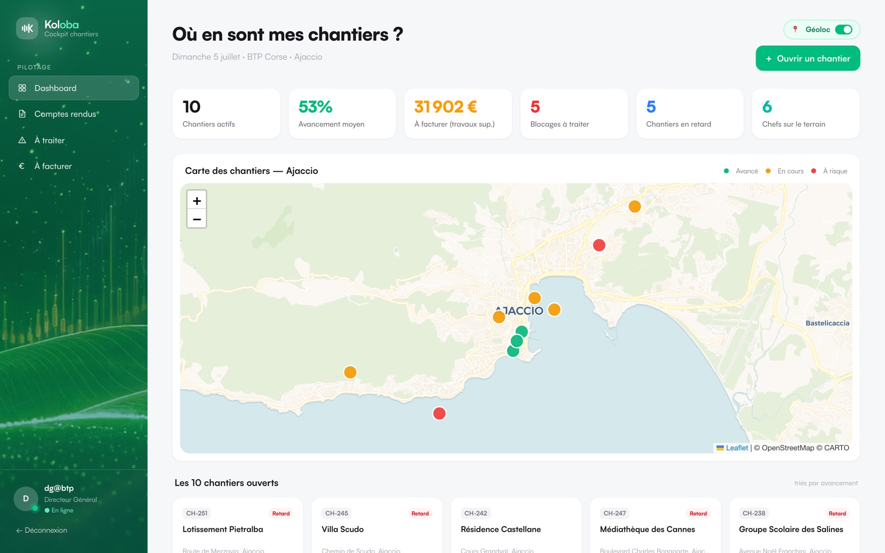 Tableau de bord Koloba : carte des chantiers, avancement et blocages