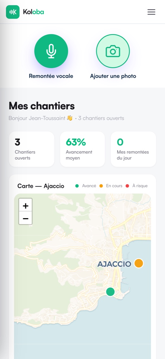 Interface mobile Koloba : remontée vocale, photo et suivi des chantiers